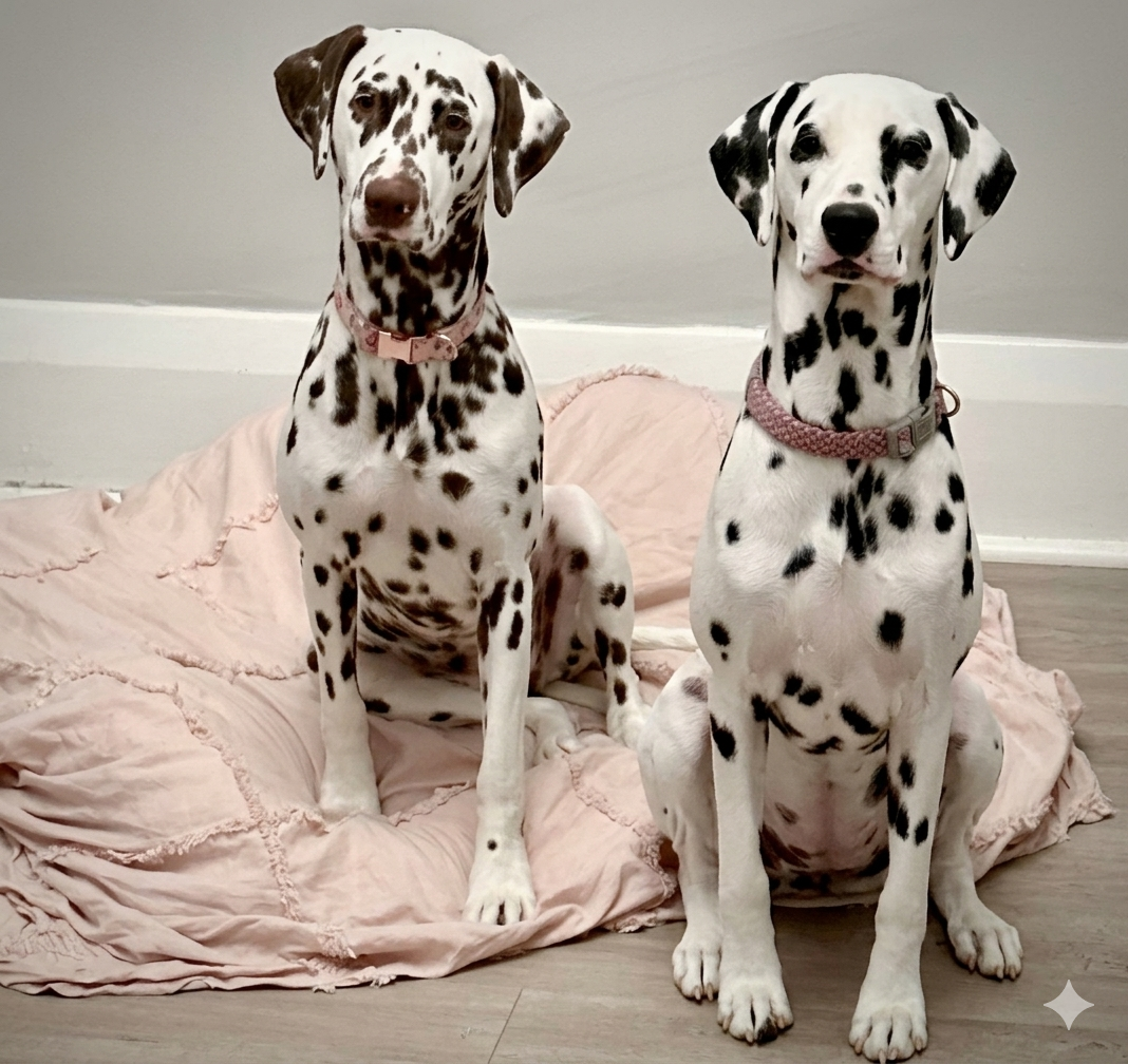 Liver and black spotted dalmatians